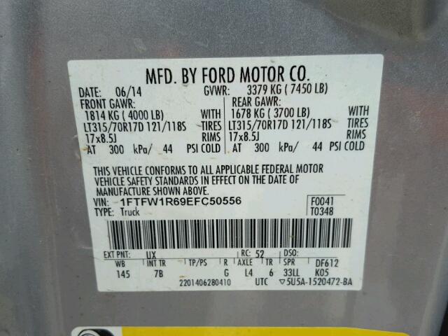 1FTFW1R69EFC50556 - 2014 FORD F150 SVT R SILVER photo 10