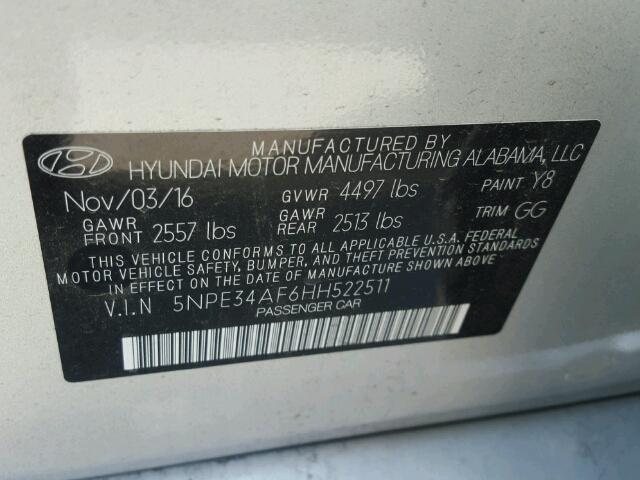 5NPE34AF6HH522511 - 2017 HYUNDAI SONATA SPO SILVER photo 10