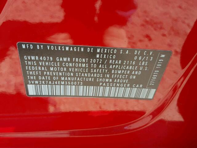 3VW2K7AJ4EM350073 - 2014 VOLKSWAGEN JETTA BASE 红色 照片 10