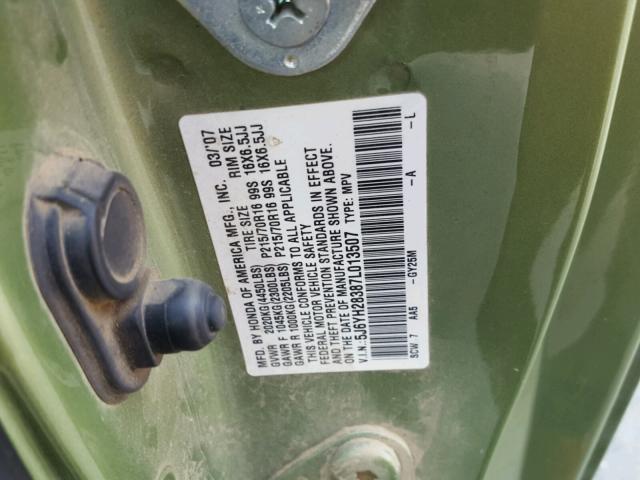 5J6YH28387L013507 - 2007 HONDA ELEMENT LX GREEN photo 10