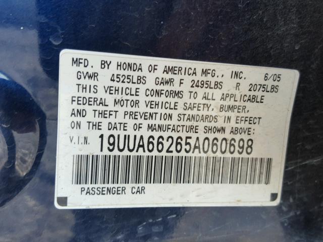 19UUA66265A060698 - 2005 ACURA TL BLUE photo 10