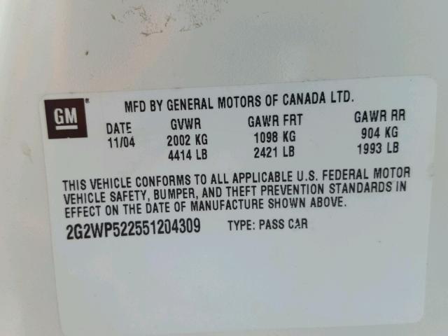 2G2WP522551204309 - 2005 PONTIAC GRAND PRIX WHITE photo 10