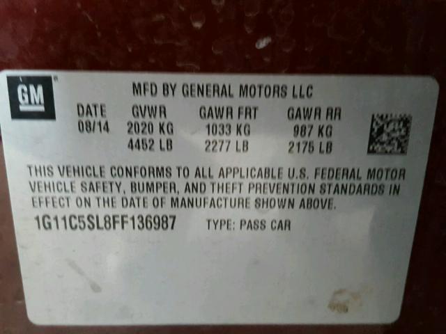 1G11C5SL8FF136987 - 2015 CHEVROLET MALIBU 1LT MAROON photo 10