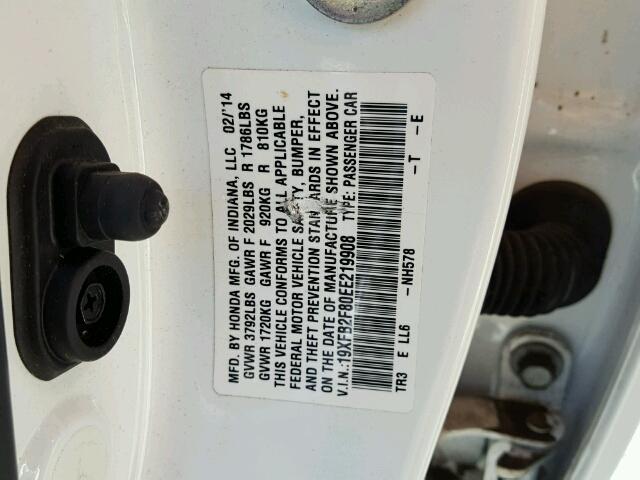 19XFB2F80EE219908 - 2014 HONDA CIVIC EX WHITE photo 10