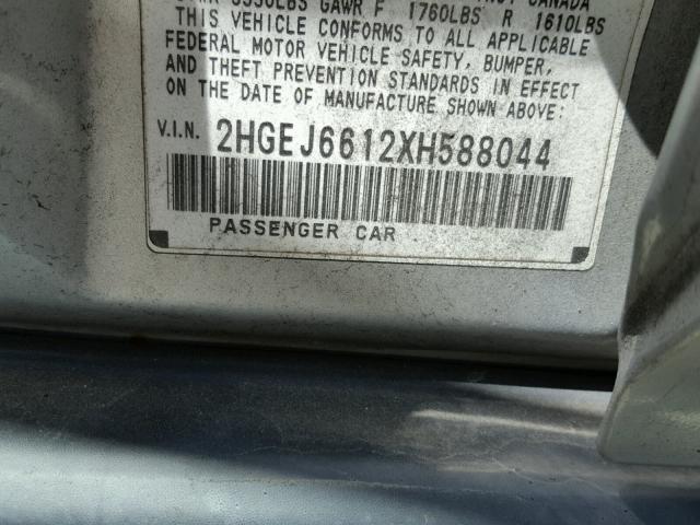 2HGEJ6612XH588044 - 1999 HONDA CIVIC BASE SILVER photo 10