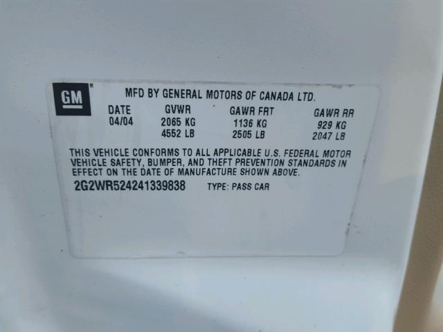 2G2WR524241339838 - 2004 PONTIAC GRAND PRIX WHITE photo 10