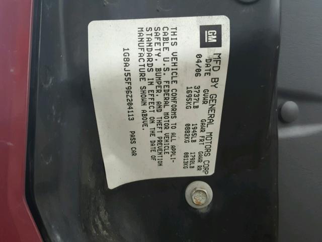 1G8AJ55F96Z204113 - 2006 SATURN ION LEVEL RED photo 10