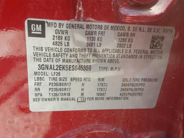 3GNAL2EK6ES646359 - 2014 CHEVROLET CAPTIVA LS RED photo 10