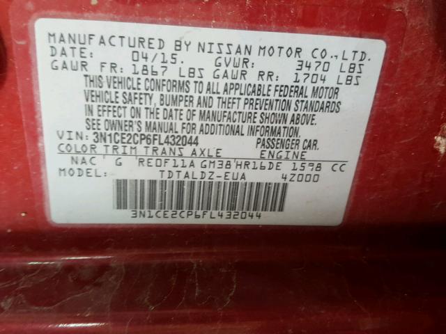 3N1CE2CP6FL432044 - 2015 NISSAN VERSA NOTE RED photo 10