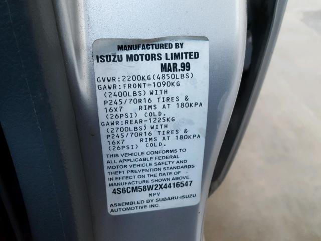 4S6CM58W2X4416547 - 1999 HONDA PASSPORT E GRAY photo 10