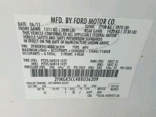 2FMGK5CC4BBD36209 - 2011 FORD FLEX SEL WHITE photo 10