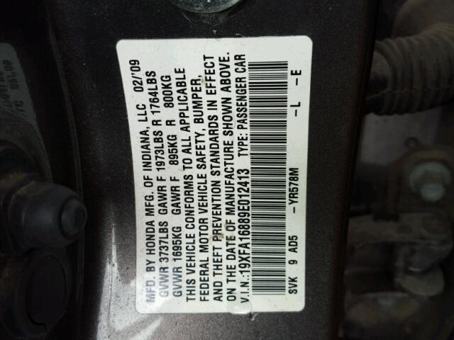 19XFA16889E012413 - 2009 HONDA CIVIC EX ნაცრისფერი ფოტო 10