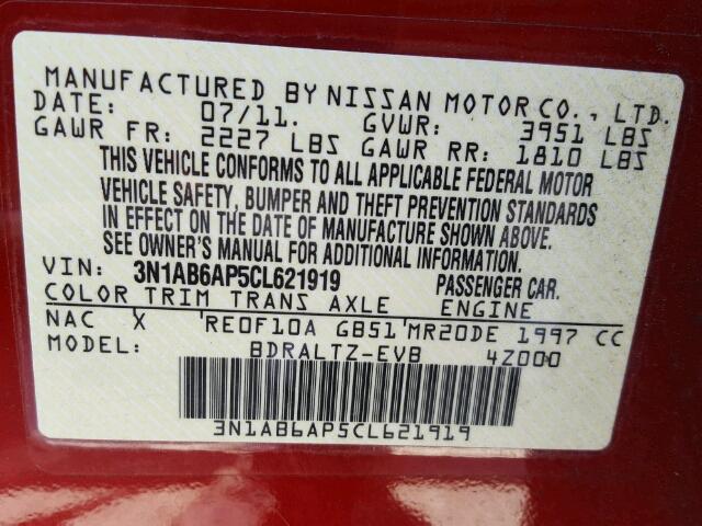 3N1AB6AP5CL621919 - 2012 NISSAN SENTRA 2.0 RED photo 10