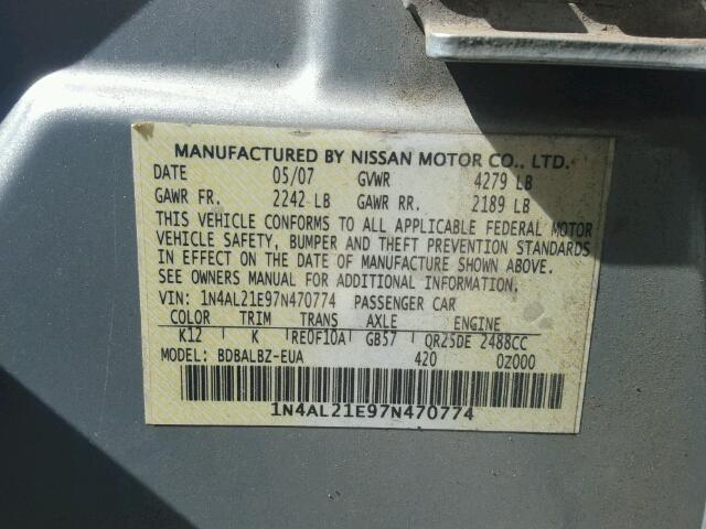 1N4AL21E97N470774 - 2007 NISSAN ALTIMA 2.5 GRAY photo 10