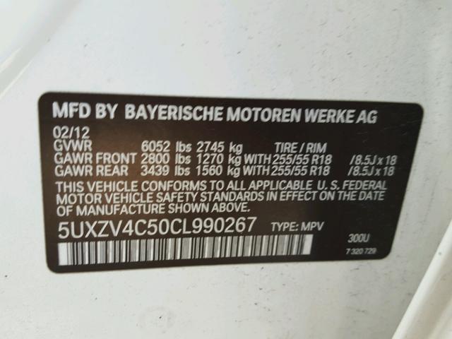 5UXZV4C50CL990267 - 2012 BMW X5 XDRIVE3 WHITE photo 10