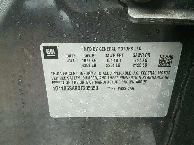 1G11B5SA9DF235350 - 2013 CHEVROLET MALIBU LS ნაცრისფერი ფოტო 10