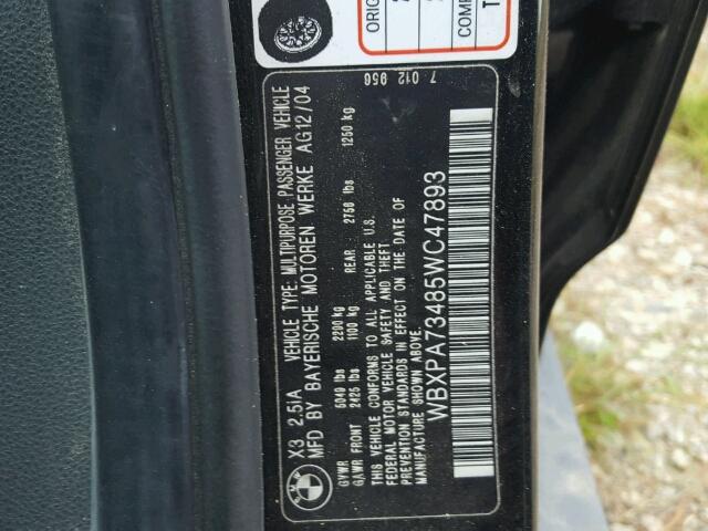 WBXPA73485WC47893 - 2005 BMW X3 2.5I BLACK photo 10