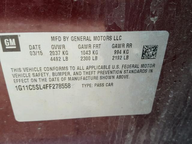 1G11C5SL4FF278558 - 2015 CHEVROLET MALIBU 1LT MAROON photo 10