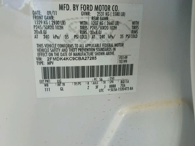 2FMDK4KC9CBA27285 - 2012 FORD EDGE LIMIT WHITE photo 10