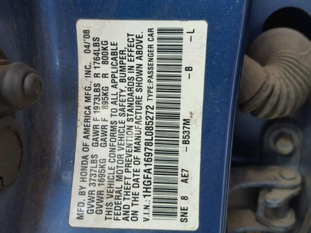 1HGFA16978L085272 - 2008 HONDA CIVIC EXL 蓝色 照片 10