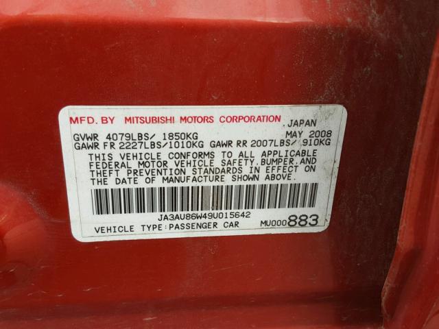 JA3AU86W49U015642 - 2009 MITSUBISHI LANCER GTS RED photo 10