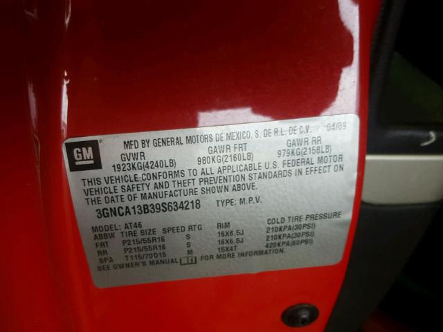 3GNCA13B39S634218 - 2009 CHEVROLET HHR LS RED photo 10