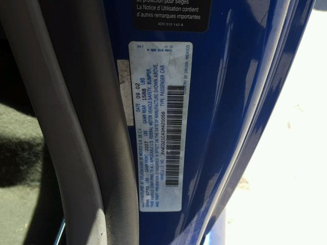 3VWCD21C43M420056 - 2003 VOLKSWAGEN NEW BEETLE 蓝色 照片 10