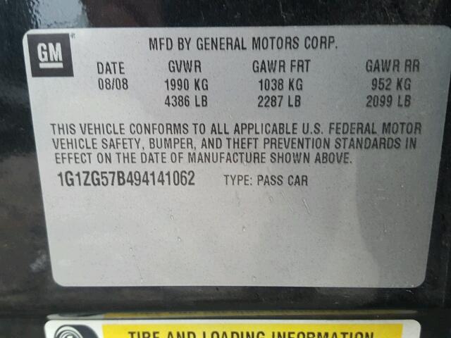 1G1ZG57B494141062 - 2009 CHEVROLET MALIBU BLACK photo 10