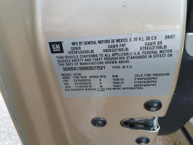 3GNDA13D88S577521 - 2008 CHEVROLET HHR LS ოქროსფერი ფოტო 10