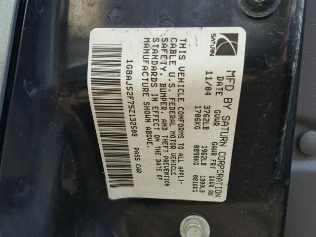1G8AJ52F75Z132508 - 2005 SATURN ION LEVEL GRAY photo 10