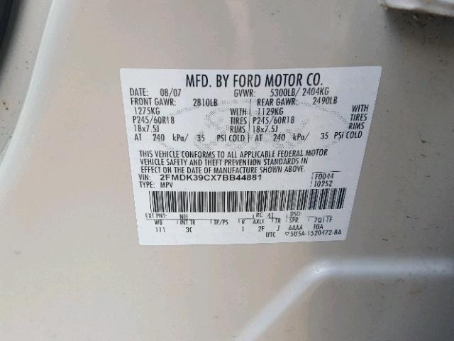 2FMDK39CX7BB44881 - 2007 FORD EDGE SEL P WHITE photo 10