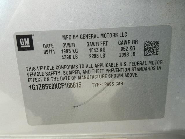 1G1ZB5E0XCF165815 - 2012 CHEVROLET MALIBU LS SILVER photo 10