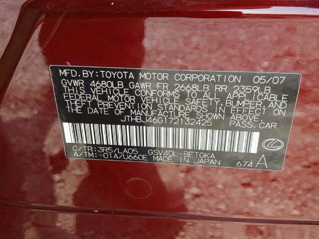 JTHBJ46G172132425 - 2007 LEXUS ES 350 RED photo 10