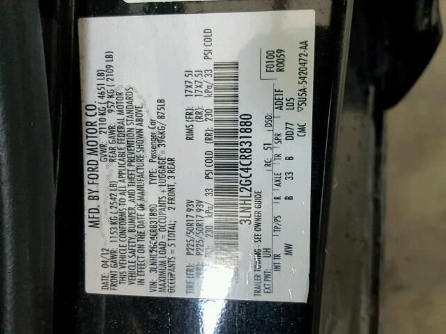 3LNHL2GC4CR831880 - 2012 LINCOLN MKZ შავი ფოტო 10