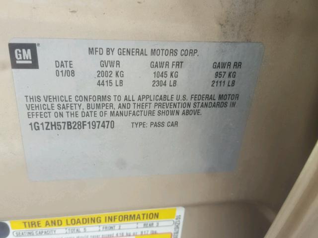 1G1ZH57B28F197470 - 2008 CHEVROLET MALIBU 1LT BEIGE photo 10