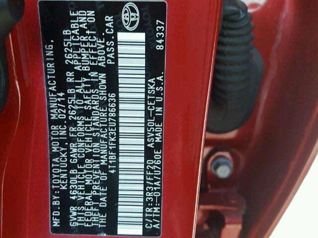 4T1BF1FK3EU786636 - 2014 TOYOTA CAMRY L RED photo 10