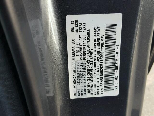 5FNRL5H62CB118366 - 2012 HONDA ODYSSEY GRAY photo 10