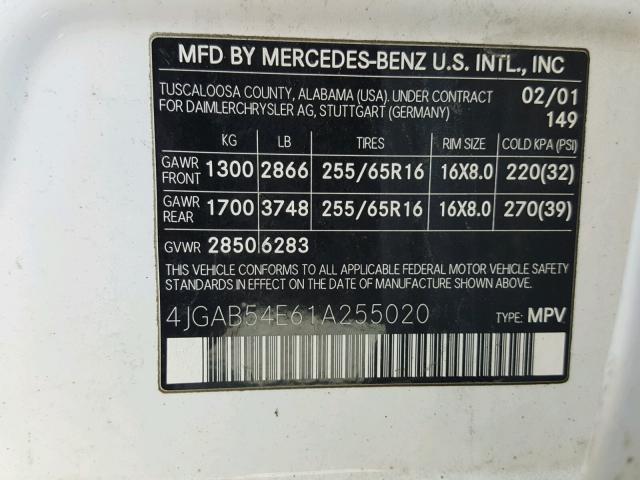 4JGAB54E61A255020 - 2001 MERCEDES-BENZ ML 320 WHITE photo 10