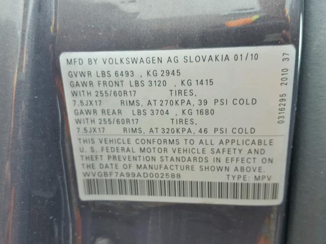 WVGBF7A99AD002588 - 2010 VOLKSWAGEN TOUAREG V6 GRAY photo 10