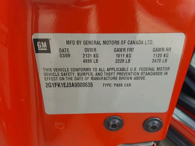 2G1FK1EJ3A9000635 - 2010 CHEVROLET CAMARO SS Naranja foto 10