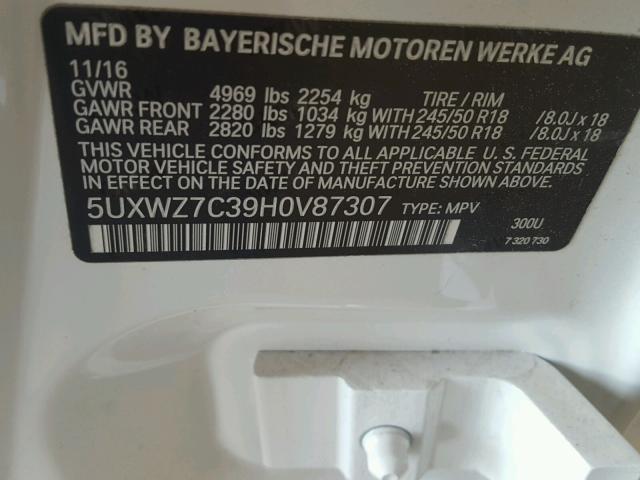 5UXWZ7C39H0V87307 - 2017 BMW X3 SDRIVE2 WHITE photo 10