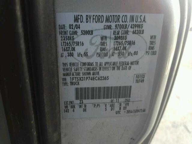 1FTSX31P74EC62365 - 2004 FORD F350 SILVER photo 10