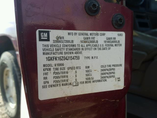 1GKFK16Z04J154759 - 2004 GMC YUKON XL K MAROON photo 10