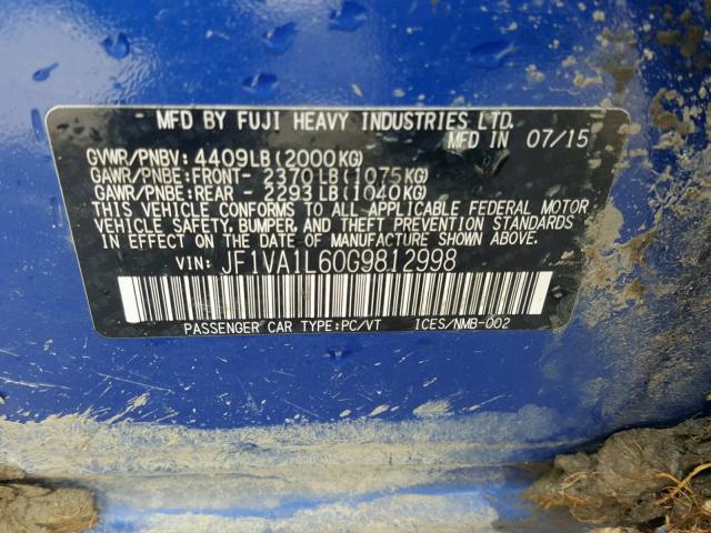 JF1VA1L60G9812998 - 2016 SUBARU WRX LIMITE BLUE photo 10