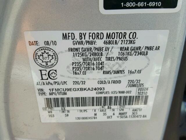 1FMCU9EGXBKA24093 - 2011 FORD ESCAPE LIM SILVER photo 10