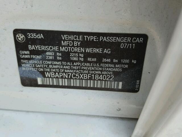 WBAPN7C5XBF184022 - 2011 BMW 335 D WHITE photo 10