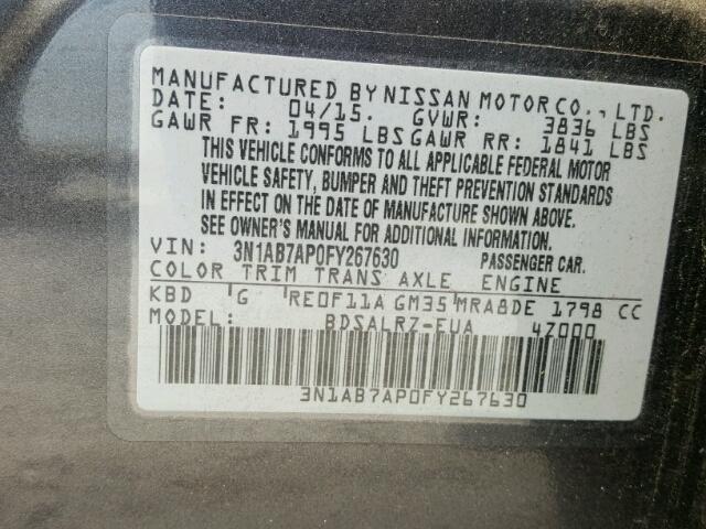 3N1AB7AP0FY267630 - 2015 NISSAN SENTRA S GRAY photo 10