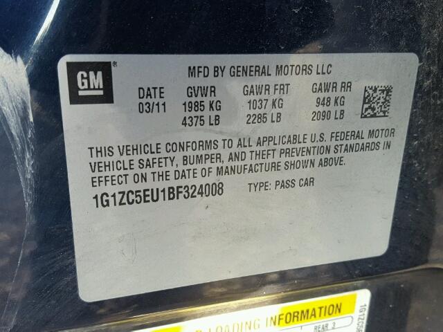 1G1ZC5EU1BF324008 - 2011 CHEVROLET MALIBU 1LT 蓝色 照片 10