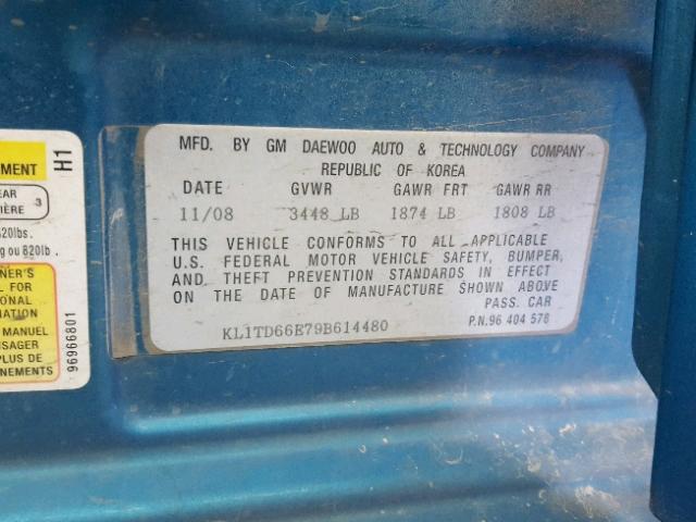 KL1TD66E79B614480 - 2009 CHEVROLET AVEO LS BLUE photo 10