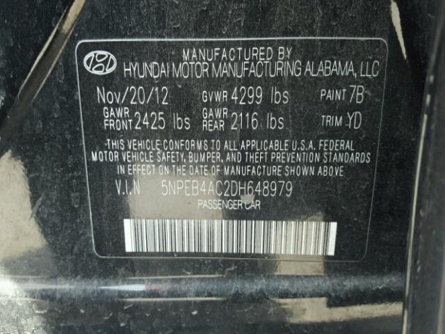 5NPEB4AC2DH648979 - 2013 HYUNDAI SONATA GLS BLACK photo 10